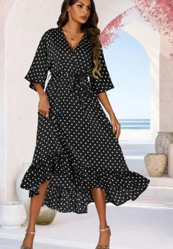 Polka Dot Print Wrap Top Kimono Sleeve Maxi Dress In Black