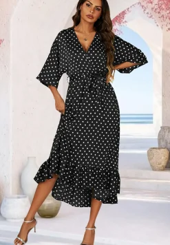 Polka Dot Print Wrap Top Kimono Sleeve Maxi Dress In Black