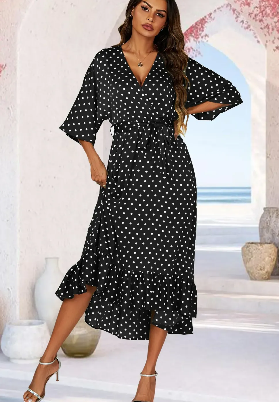 Polka Dot Print Wrap Top Kimono Sleeve Maxi Dress In Black