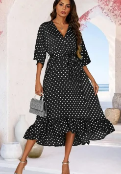 Polka Dot Print Wrap Top Kimono Sleeve Maxi Dress In Black