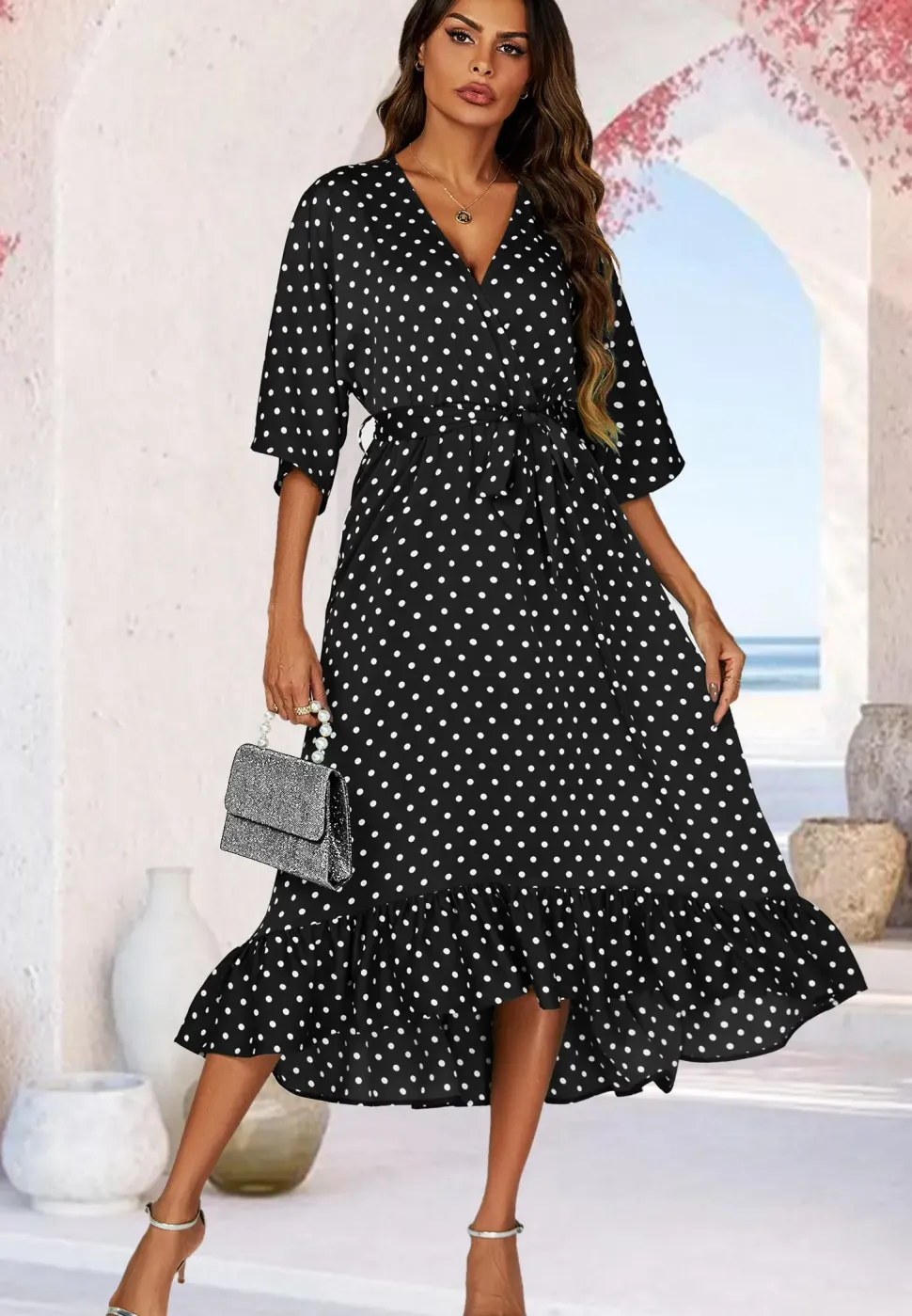 Polka Dot Print Wrap Top Kimono Sleeve Maxi Dress In Black