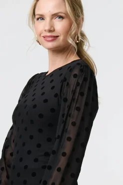 Polka Dot Sheer Mesh Puff Sleeve Blouse