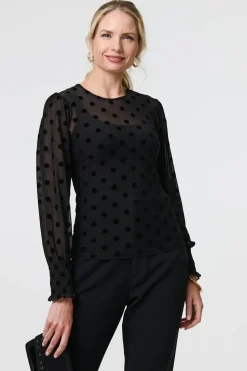 Polka Dot Sheer Mesh Puff Sleeve Blouse