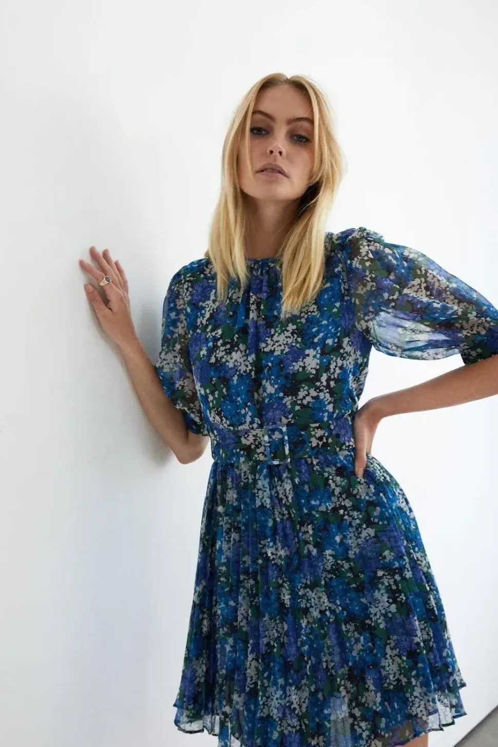 Polyester Floral Belted Mini Dress