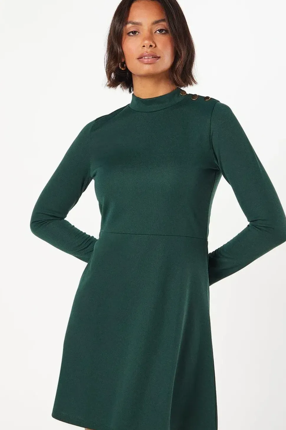 Ponte High Neck Button Mini Dress