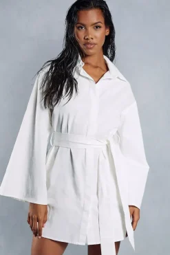 Poplin Extreme Kimono Sleeve Belted Mini Shirt Dress
