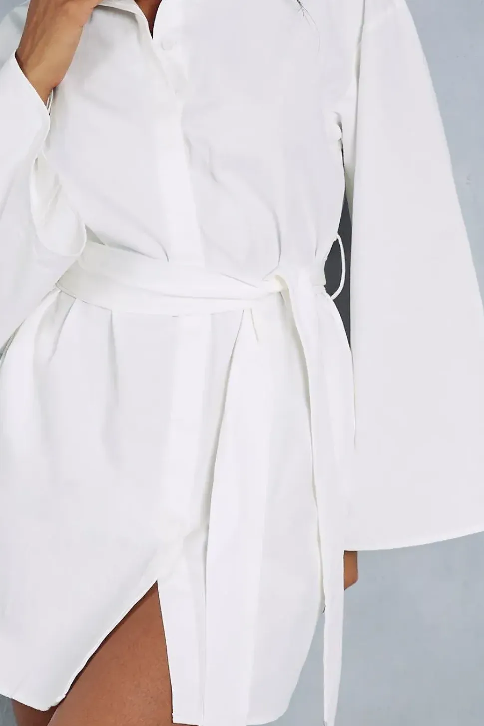 Poplin Extreme Kimono Sleeve Belted Mini Shirt Dress