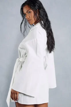 Poplin Extreme Kimono Sleeve Belted Mini Shirt Dress