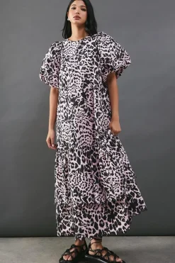 Poplin Leopard Print Volume Sleeve Scallop Detail Smock Dress