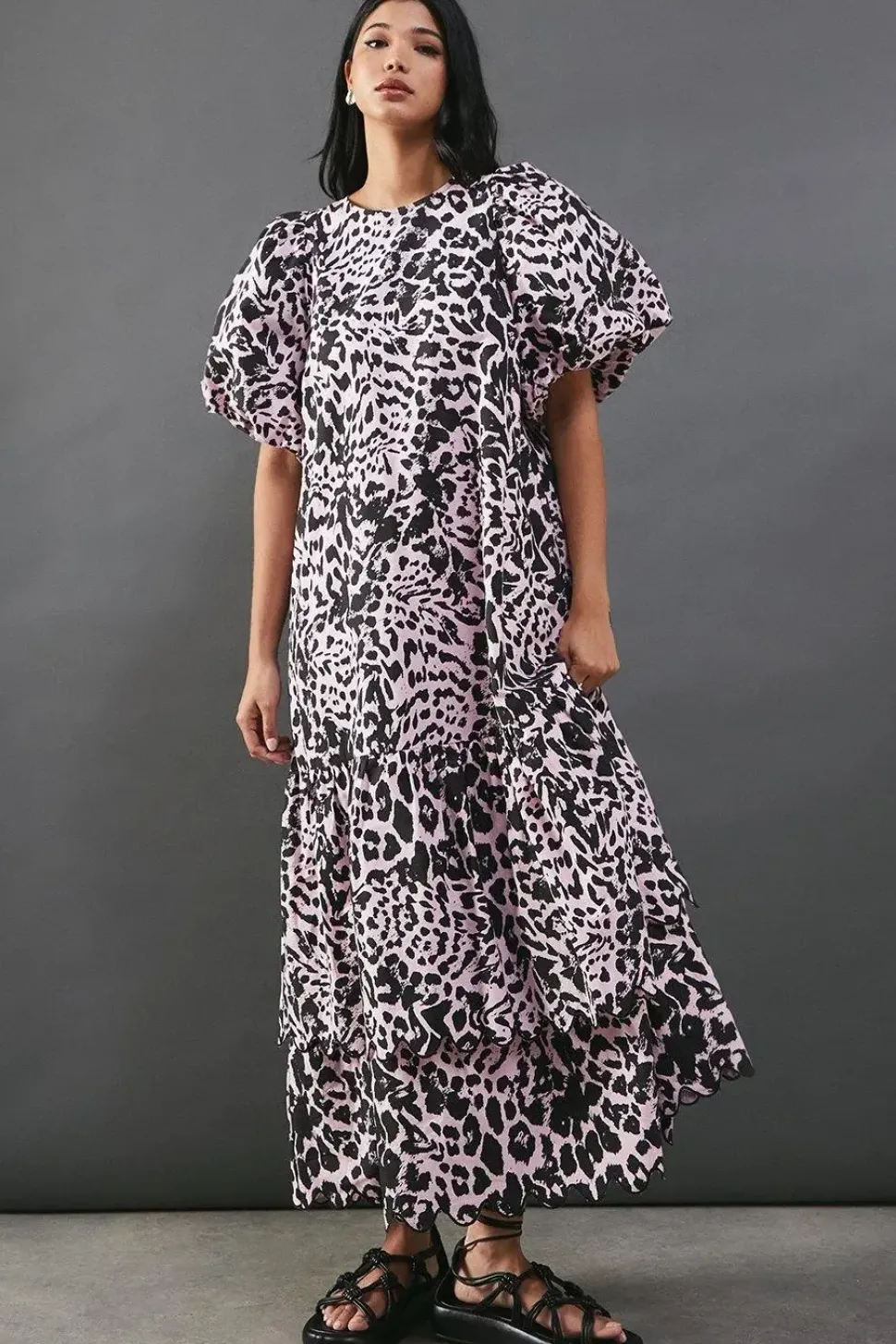 Poplin Leopard Print Volume Sleeve Scallop Detail Smock Dress