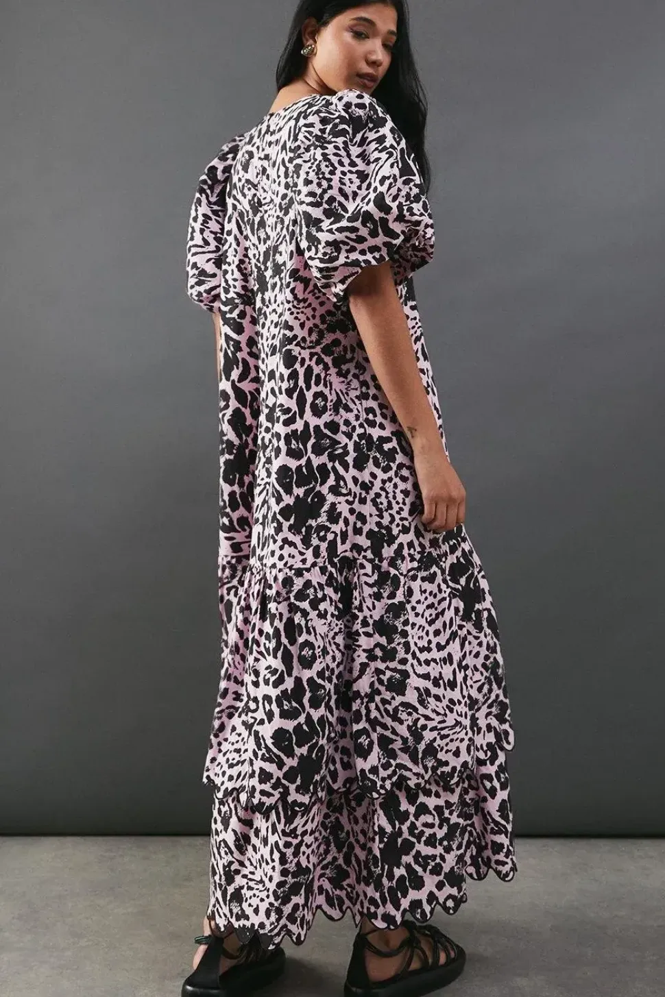 Poplin Leopard Print Volume Sleeve Scallop Detail Smock Dress