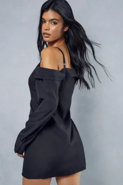 Poplin Off The Shoulder Button Through Shirt Dress