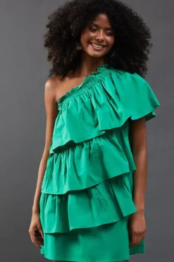 Poplin One Shoulder Ruffle Mini Dress