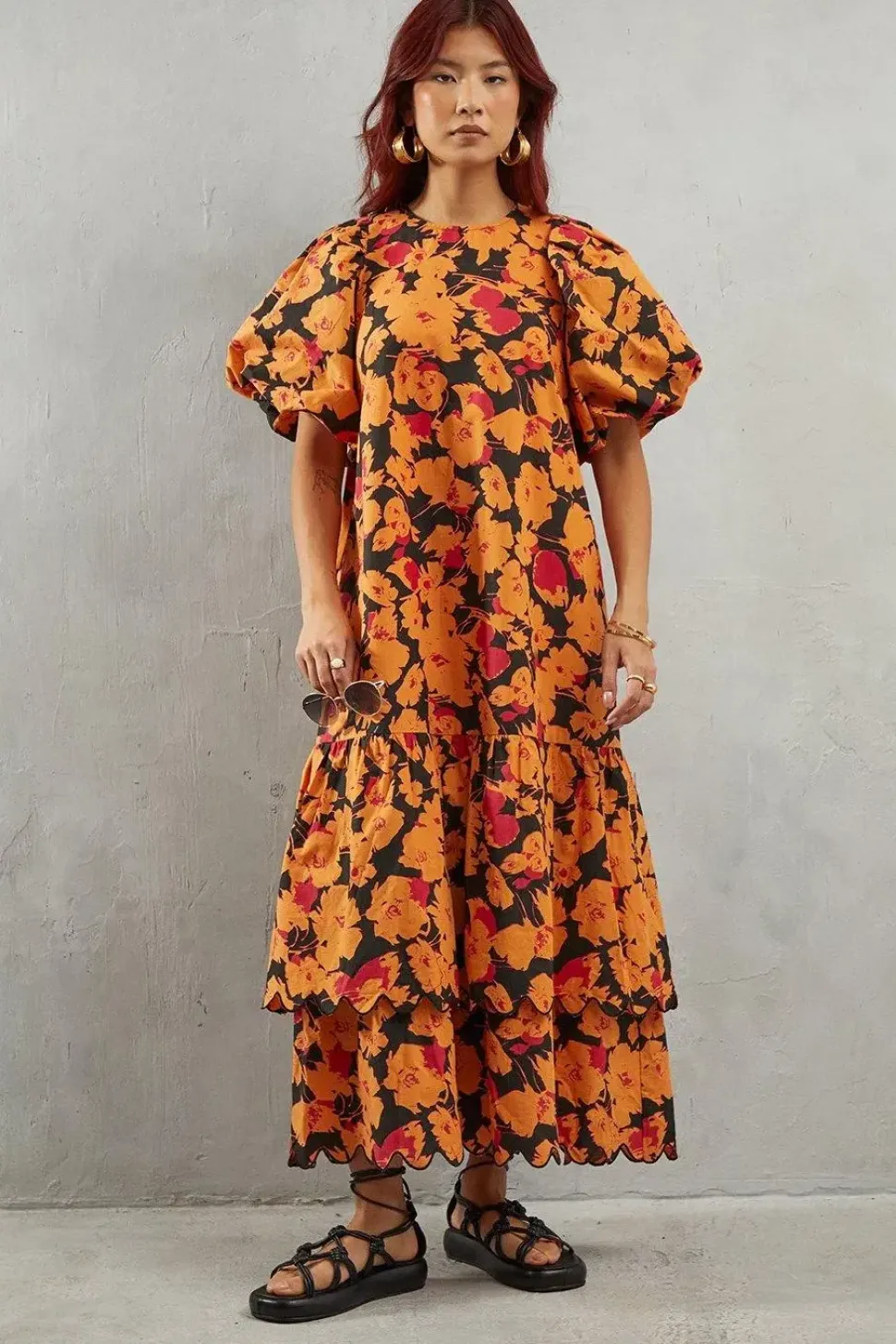 Poplin Orange Floral Print Volume Sleeve Scallop Detail Smock Dress