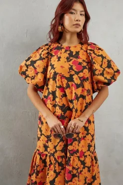 Poplin Orange Floral Print Volume Sleeve Scallop Detail Smock Dress