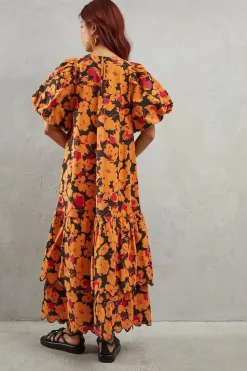 Poplin Orange Floral Print Volume Sleeve Scallop Detail Smock Dress