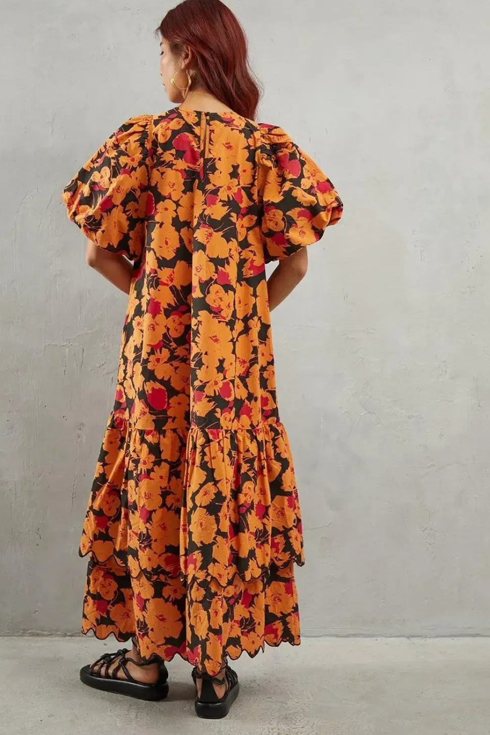 Poplin Orange Floral Print Volume Sleeve Scallop Detail Smock Dress