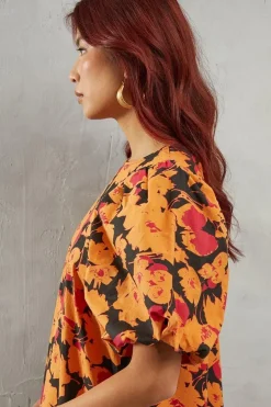 Poplin Orange Floral Print Volume Sleeve Scallop Detail Smock Dress