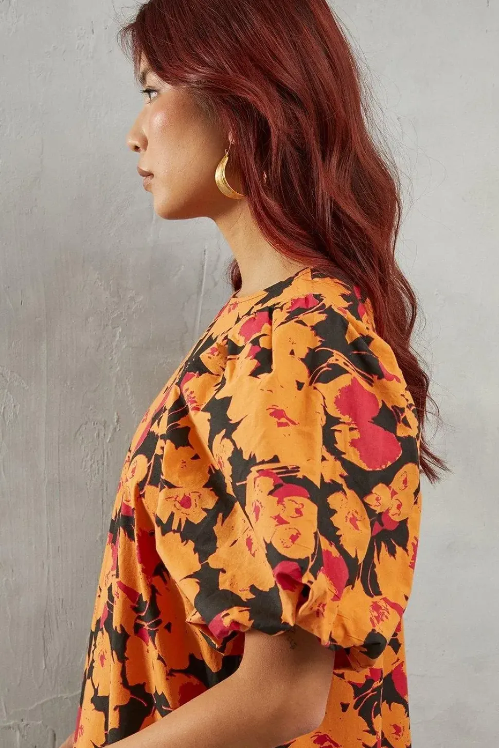 Poplin Orange Floral Print Volume Sleeve Scallop Detail Smock Dress