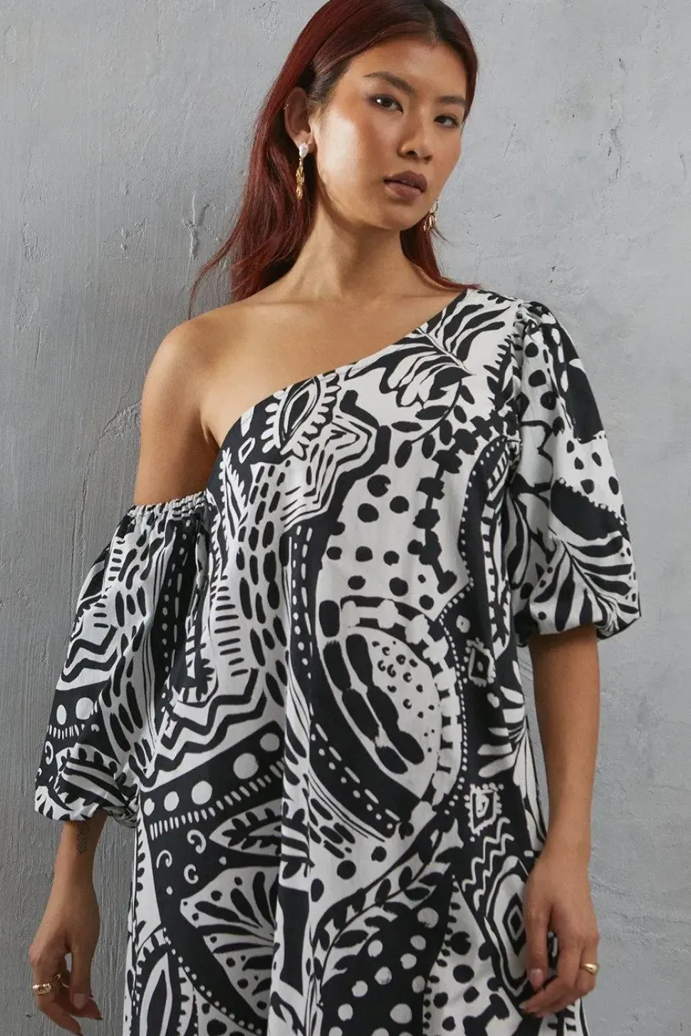 Poplin Print One Shoulder Midi Dress