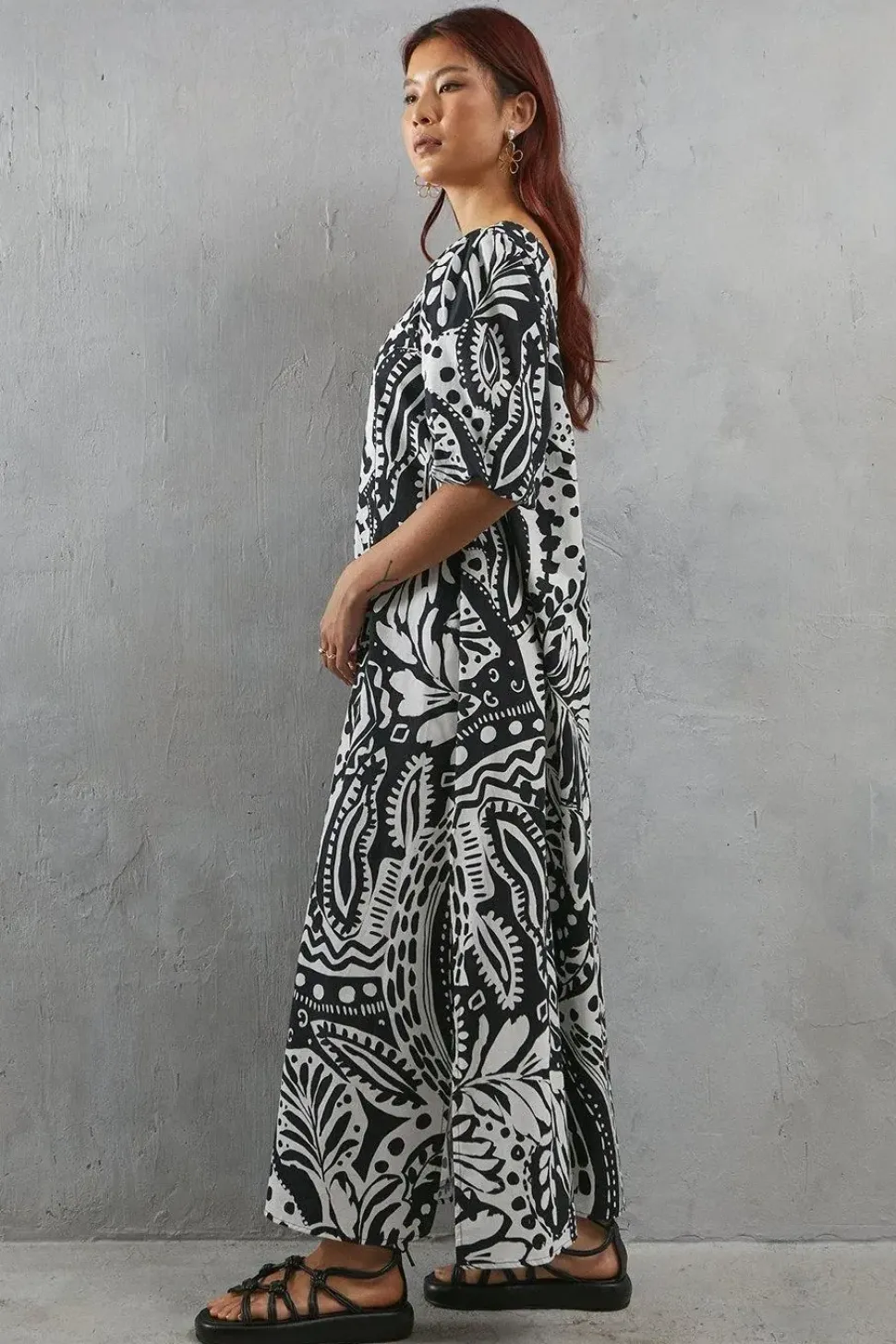 Poplin Print One Shoulder Midi Dress