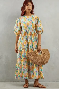 Poplin Print Tie Neck Ladder Insert Smock Midi Dress