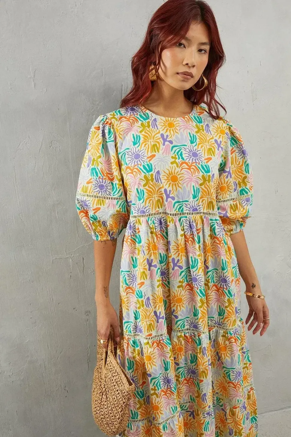 Poplin Print Tie Neck Ladder Insert Smock Midi Dress