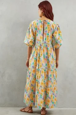 Poplin Print Tie Neck Ladder Insert Smock Midi Dress