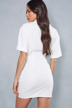 Poplin Short Sleeve Ruched Mini Shirt Dress
