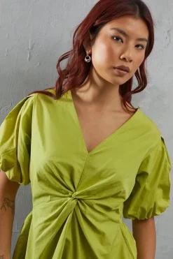 Poplin Twist Front Volume Sleeve Blouse