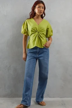 Poplin Twist Front Volume Sleeve Blouse