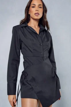 Poplin Wrap Skirt Shoulder Pad Long Sleeve Mini Shirt Dress