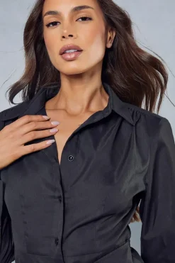 Poplin Wrap Skirt Shoulder Pad Long Sleeve Mini Shirt Dress