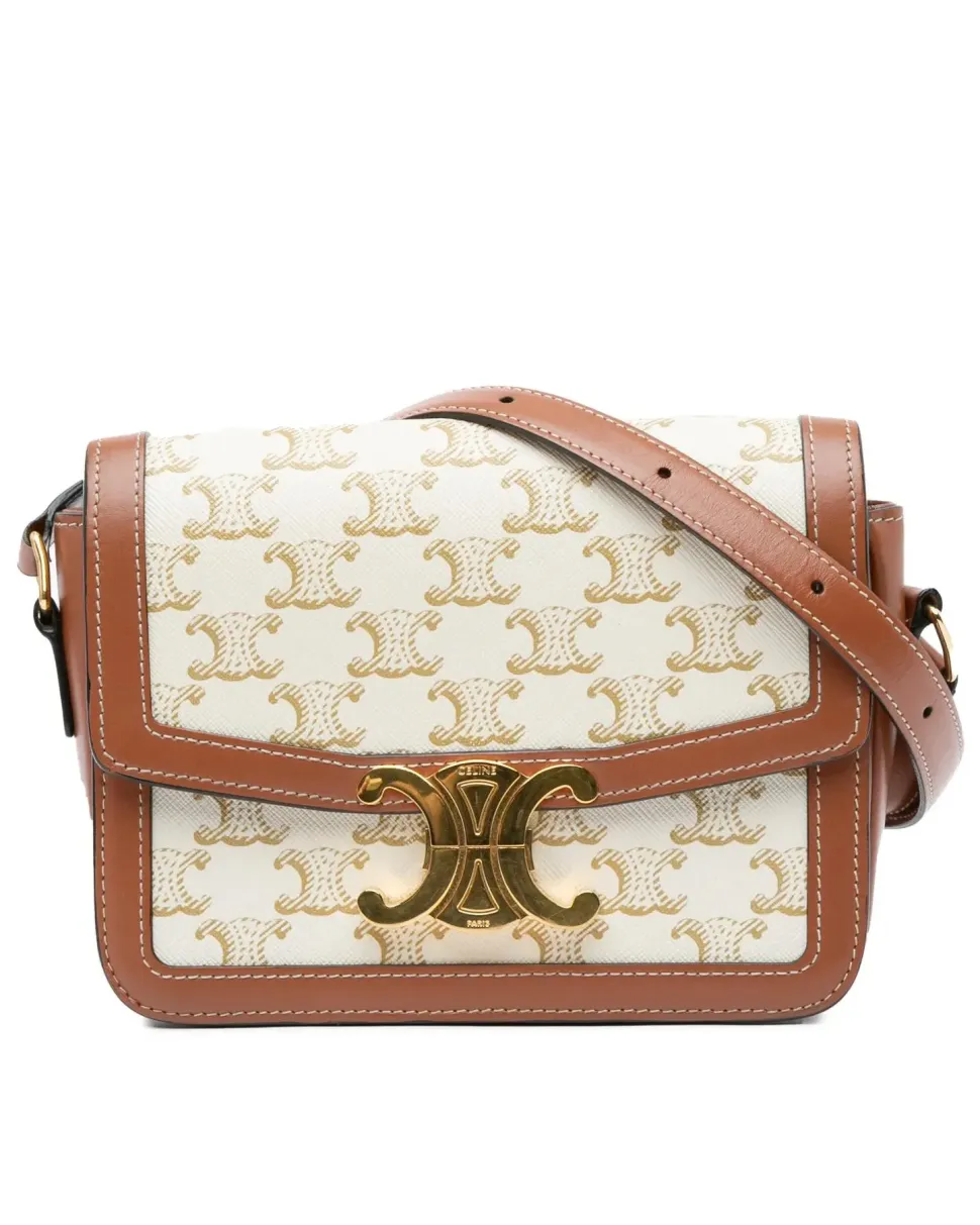 Preloved Canvas Crossbody Bag with Leather Trim and Top Zip Closure