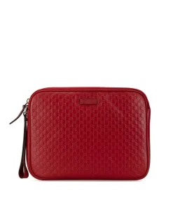 Preloved Embossed Leather Clutch Bag with Zip Pockets and Flat Side
