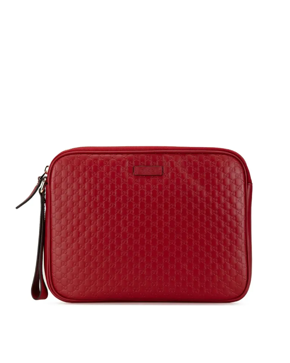 Preloved Embossed Leather Clutch Bag with Zip Pockets and Flat Side
