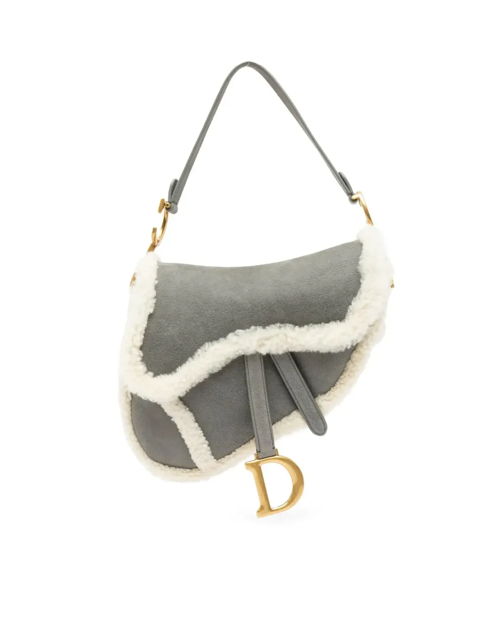 Preloved Embroidered Canvas Stripes Saddle Bag with Leather Strap