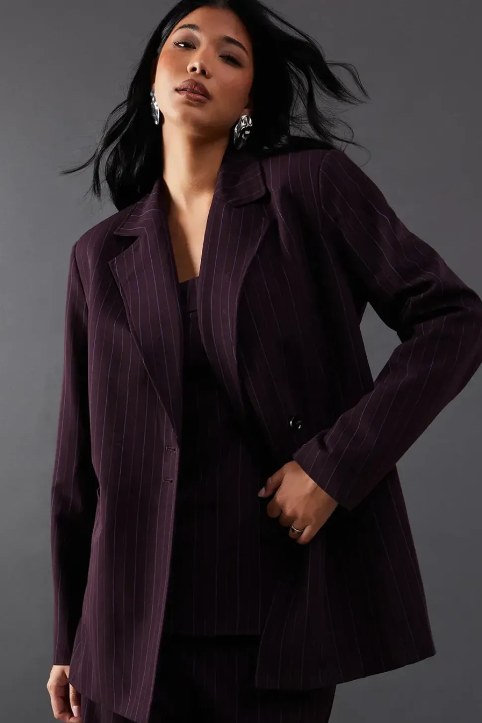 Premium Asymmetric Pinstripe Fitted Waist Blazer