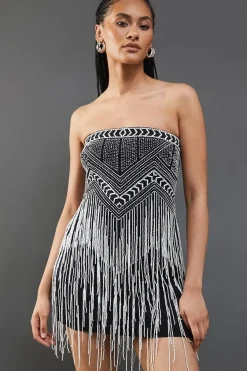 Premium Bead Fringe Embellished Sequin Bandeau Mini Dress