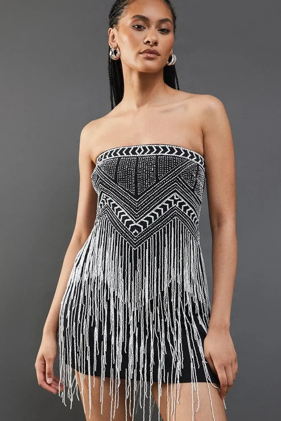 Premium Bead Fringe Embellished Sequin Bandeau Mini Dress