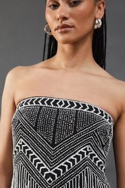 Premium Bead Fringe Embellished Sequin Bandeau Mini Dress