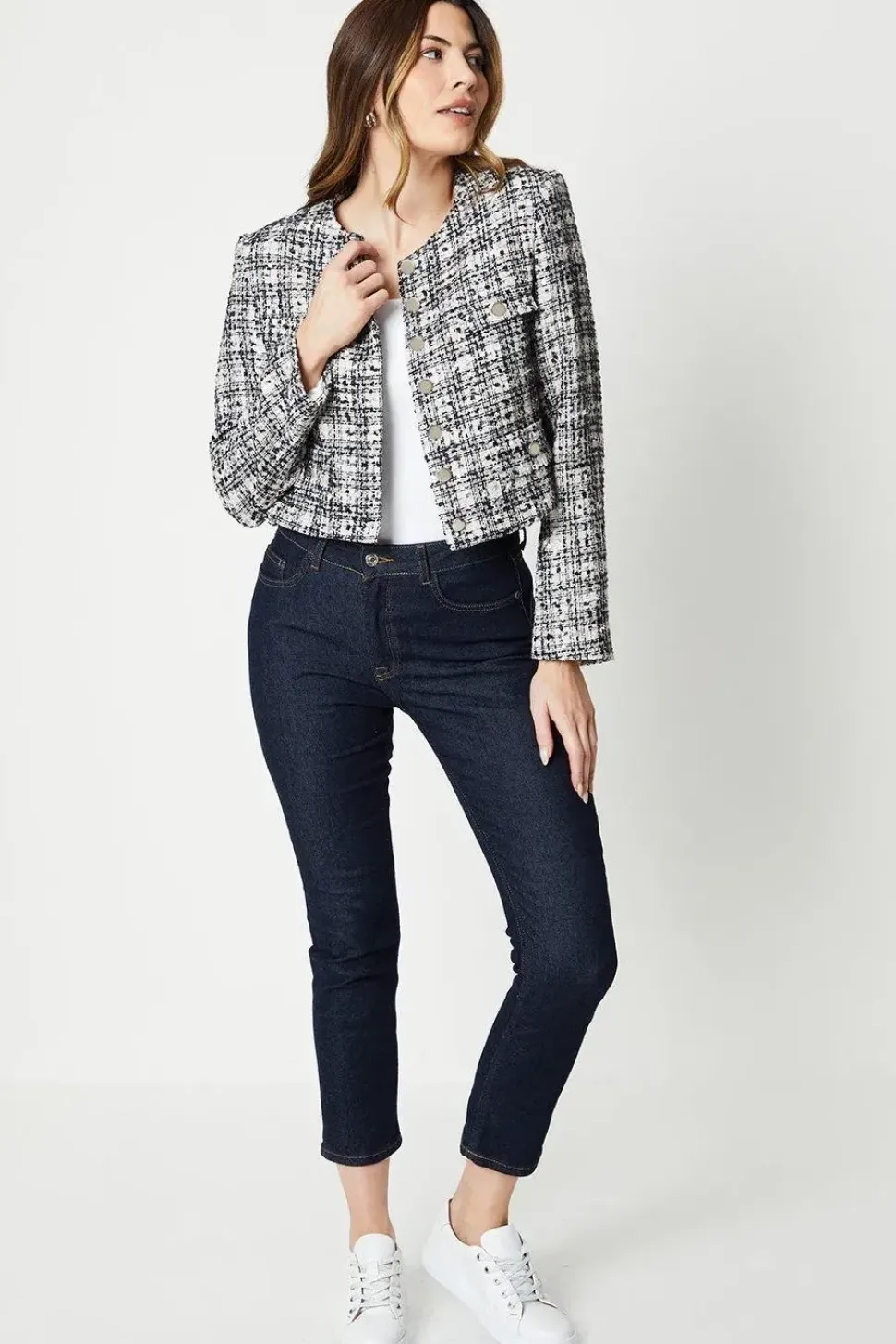 Premium Boucle Button Through Collarless Jacket