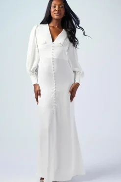 Premium Button Front Blouson Sleeve Satin Wedding Dress