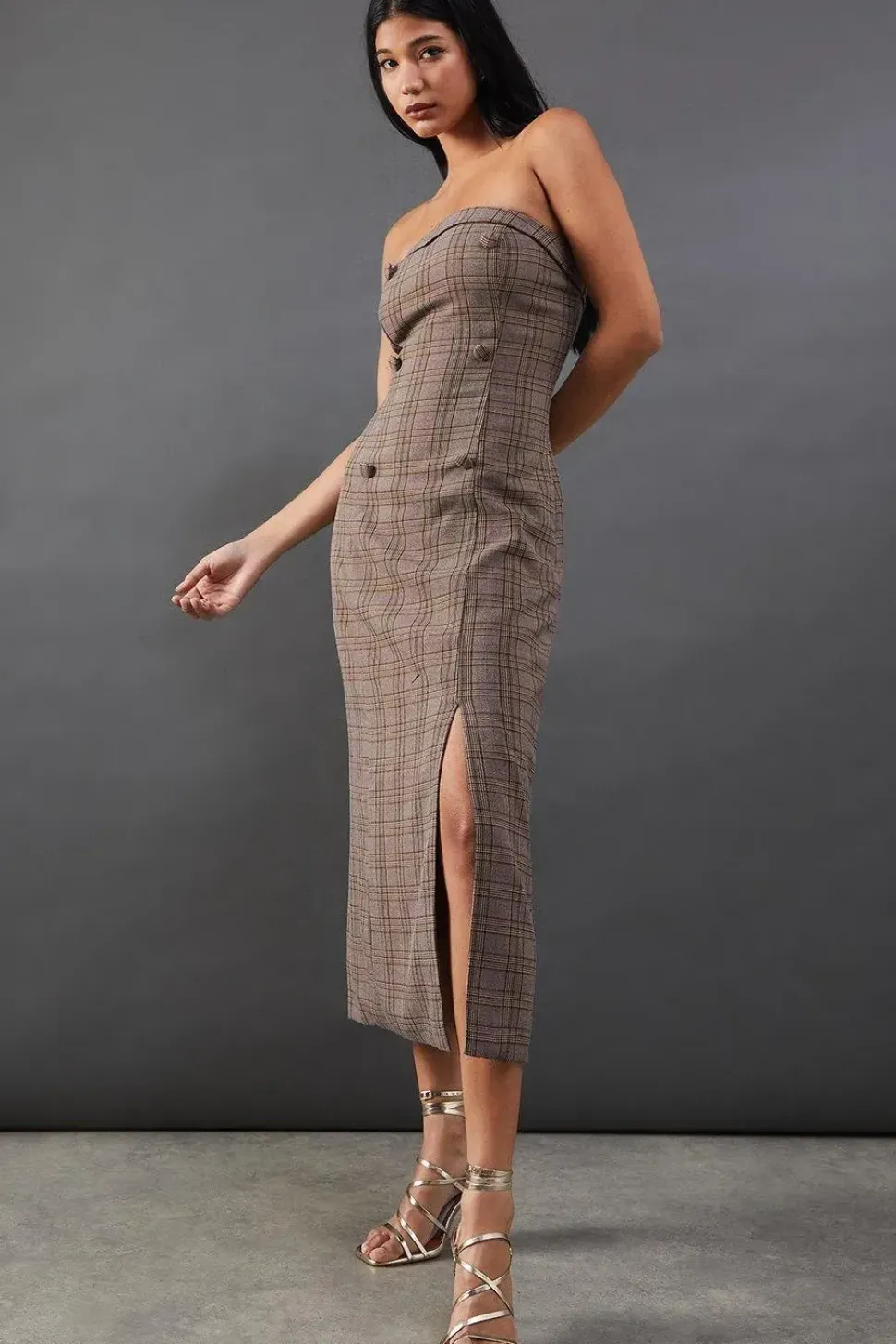 Premium Check Bandeau Double Breasted Midi Dress