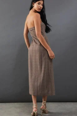 Premium Check Bandeau Double Breasted Midi Dress