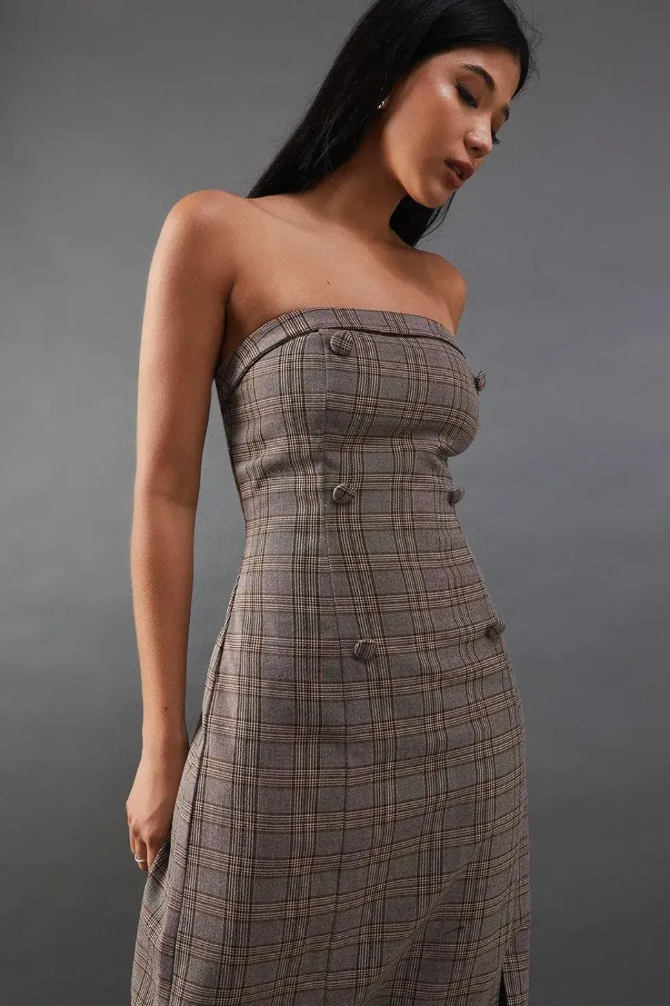 Premium Check Bandeau Double Breasted Midi Dress