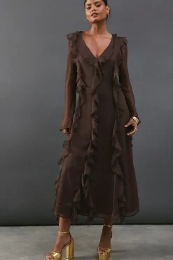 Premium Chiffon Ruffle Tie Cuff Maxi Dress