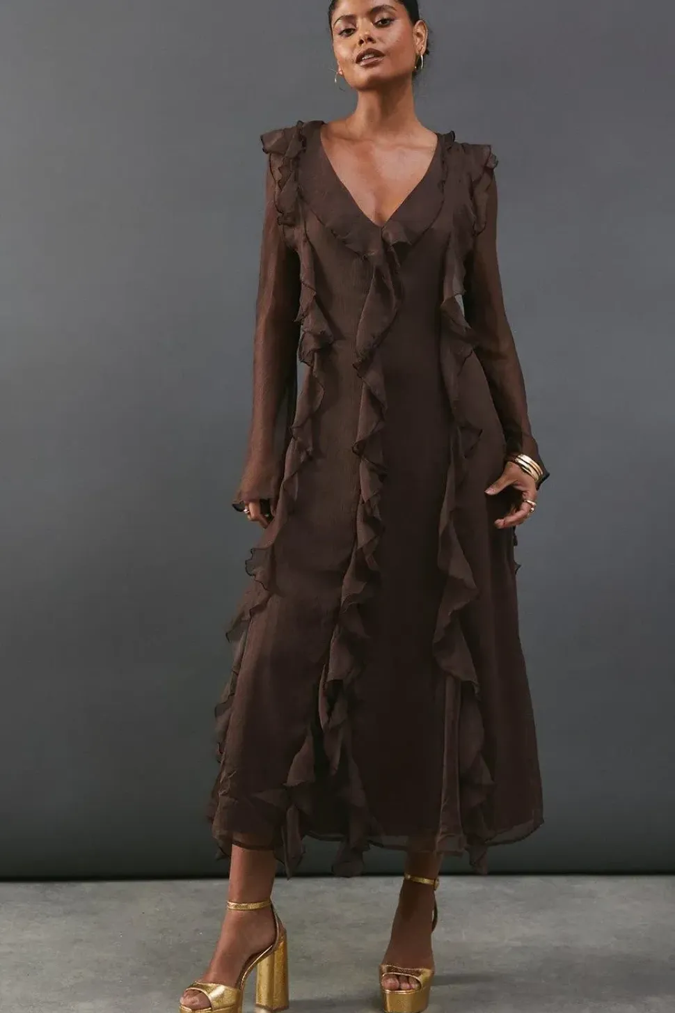 Premium Chiffon Ruffle Tie Cuff Maxi Dress