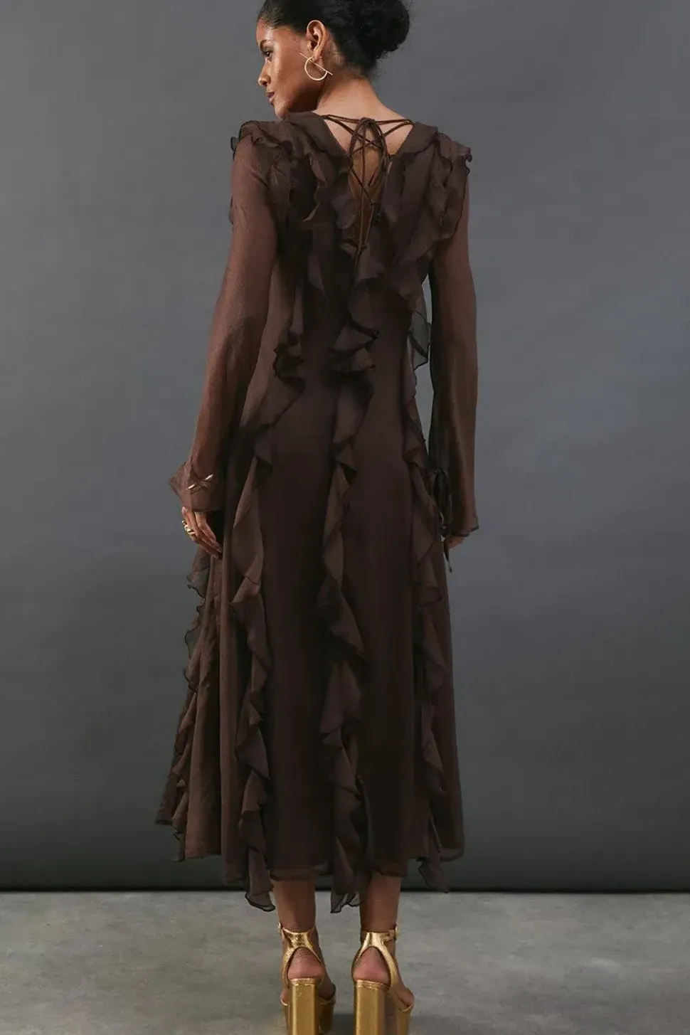 Premium Chiffon Ruffle Tie Cuff Maxi Dress