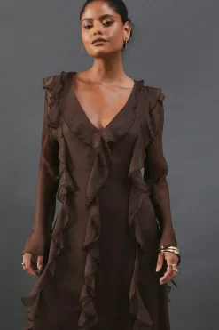 Premium Chiffon Ruffle Tie Cuff Maxi Dress